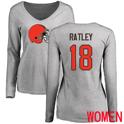 Cleveland Browns Damion Ratley Women Ash Jersey #18 NFL Football Name and Number Logo Long Sleeve T Shirt